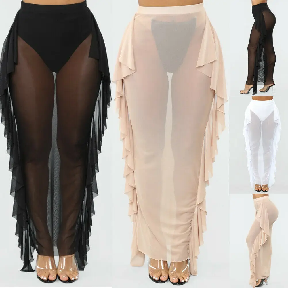 

2019 Summer New Women Skirt Transparent Chiffon Ruffle Straight Solid Ankle Length Beach Sarong Cover Up