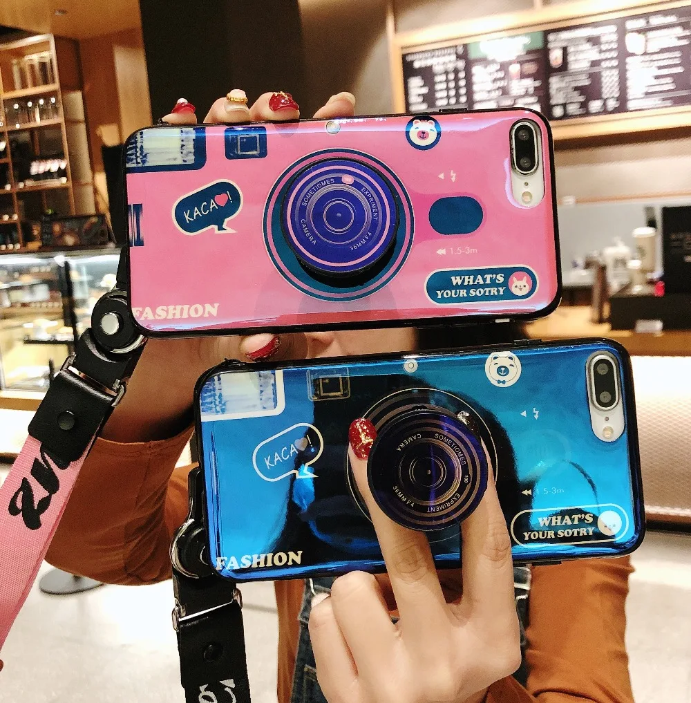 

phone case for iPhone X Xs max XR 7 8 Plus 6 6S Camera style soft tpu cover case coque with Lanyard and Bracket