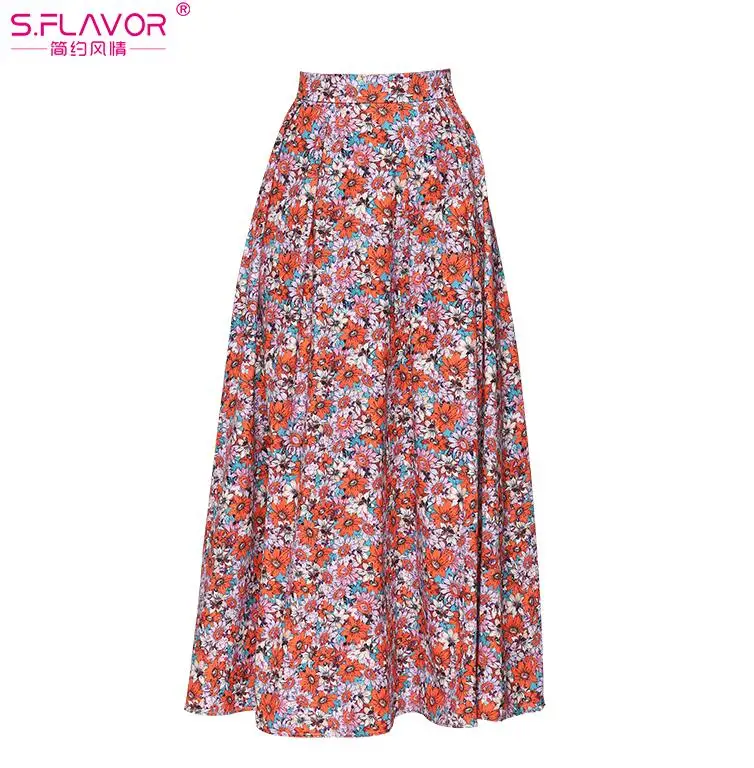 S. FLAVOR цветочные печатные богемные длинные юбки для женщин горячая Распродажа Высокая талия Макси юбки Повседневные весенние летние юбки - Цвет: orange