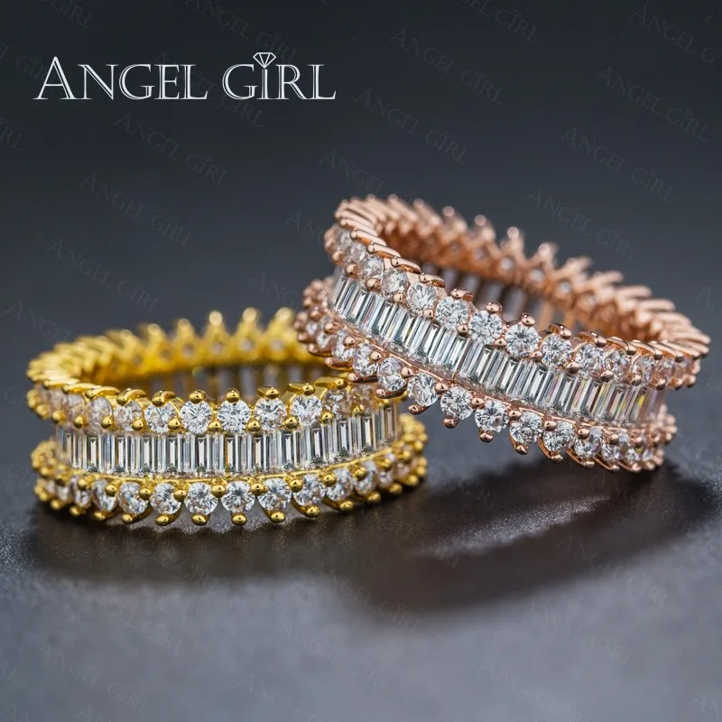 Роскошные кольца AngelGirl с вымощенным прямоугольным кристаллом и фианитами для свадьбы и помолвки, розовое Золотое кольцо, ювелирные изделия для женщин, кольцо с кристаллами, ювелирные изделия