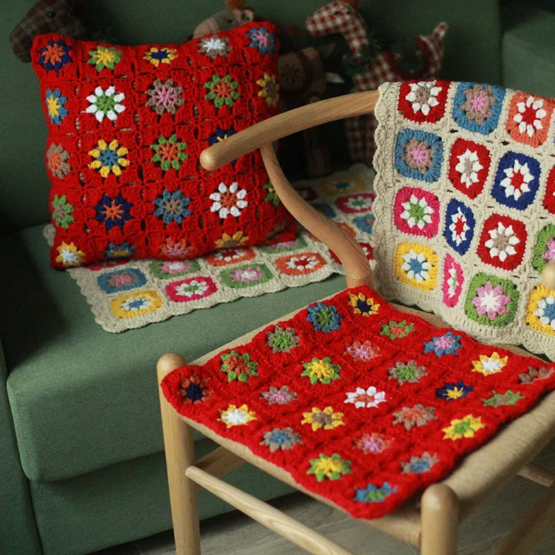 

Chinese Red Square Handmade Sofa Mat Seat Cushion for Chair Wedding Souvenir Present Hand Hooked Decoration Crochet Blanket Felt