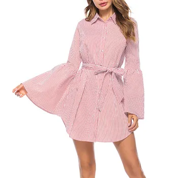 

Hawcoar Autumn Summer New Fashion Women's Vintage Sashes Strip Long Sleeve Ladies V-Neck Casual Mini Dress Wholesale Free ShipZ4