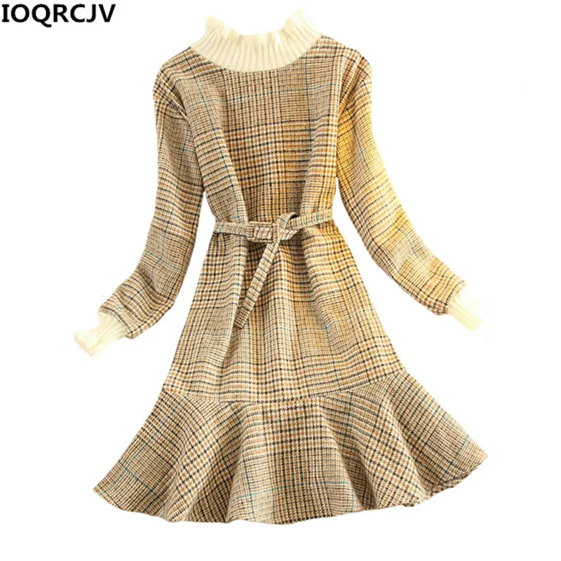 

Autumn Winter Dress Women 2018 New Fashion Knit Round Neck Splicing Woolen Dress Slim Large size Sexy Women Dress IOQRCJV K833