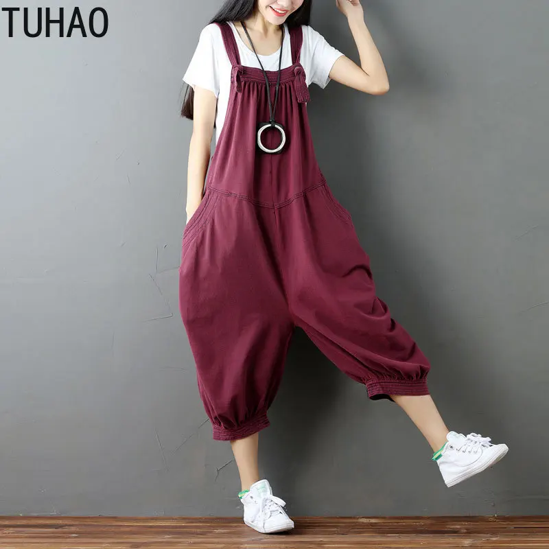 

TUHAO Woman's Jumpsuits 2019 Summer Women Vintage SOLID Wide Leg Bib Denim Overalls Jean Jumpsuits Female Large Size Rompers LLJ