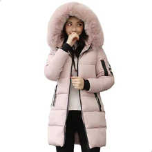 Envío libre Chaqueta de invierno mujeres con capucha con Cuello de piel abrigo largo algodón acolchado Mujer Parka Outwear Chaqueta Mujer