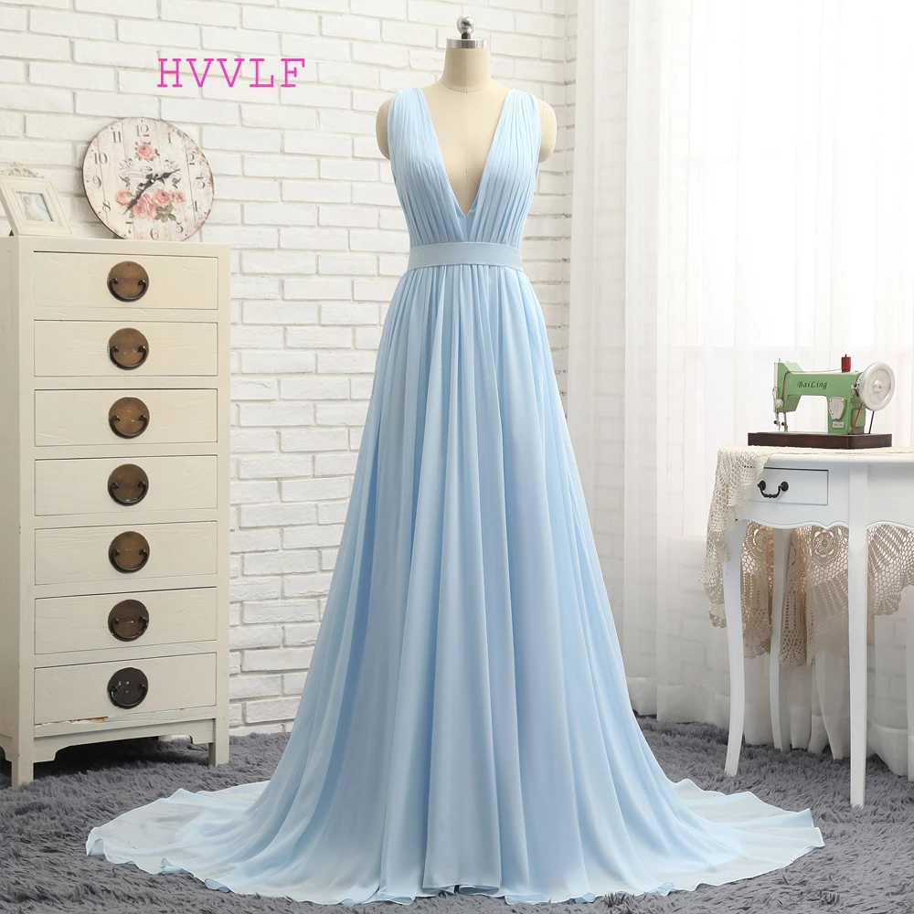 

HVVLF 2019 Formal Celebrity Dresses A-line Deep V-neck Sweep Train Chiffon Sky Blue Backless Famous Red Carpet Dresses