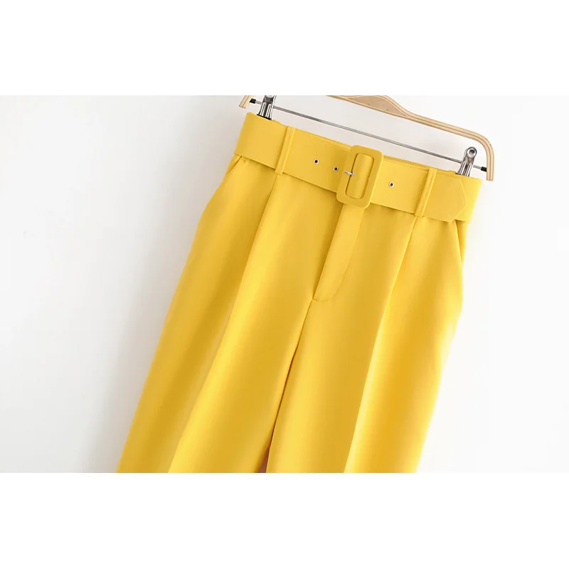 Повседневные Черные длинные брюки элегантные женские прямые брюки с поясом Модные женские желтые брюки женская уличная одежда
