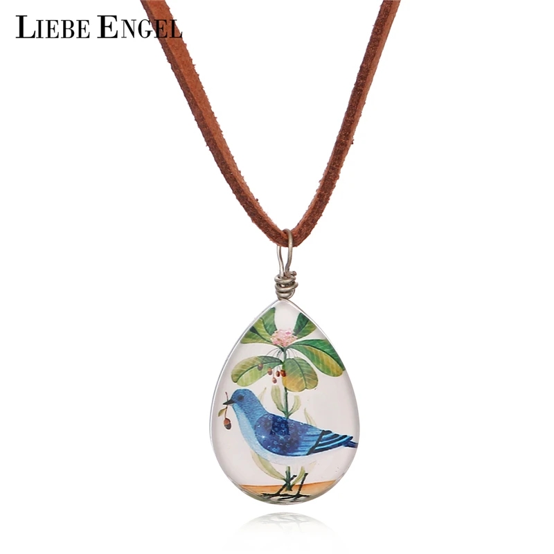 

LIEBE ENGEL Fashion Suede Leather Chain Teardrop-shaped Bird Picture Double Sided Glass Cabochon Pendant Necklace Maxi Jewelry
