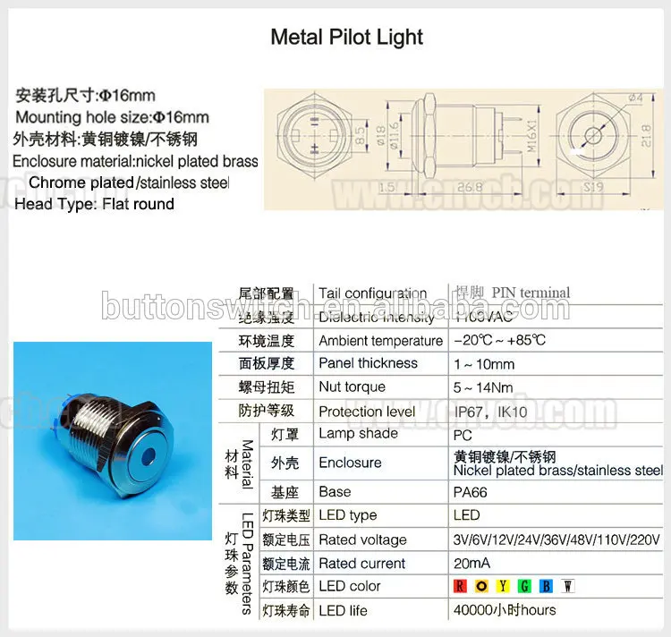 IN14 3V 6V 12V 24V 36V 110V 220V 16mm waterproof metal indicator with yellow led
