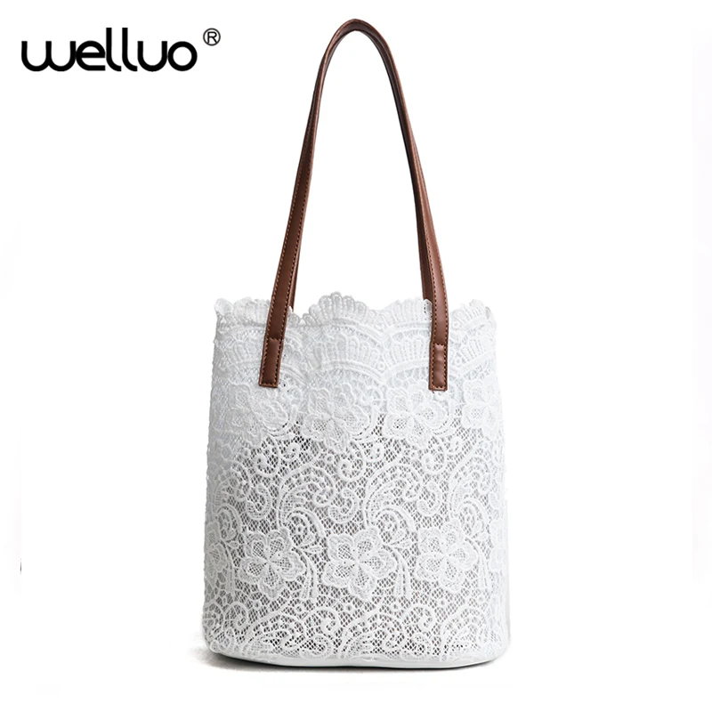 

Summer Lace Shoulder Bag Women White Black Bucket Handbag Drawstring Large Tote Bags sac a main Casual Female Hand Bag XA339WB