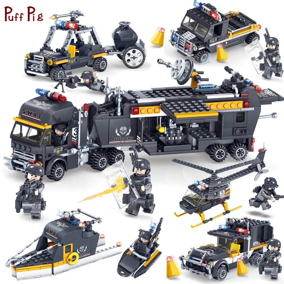 

Military Army Swat Team Police Trucks Cars Helicopter Boat Model Building Blocks Figures Compatible Legoe Weapon Bricks Toys Kid