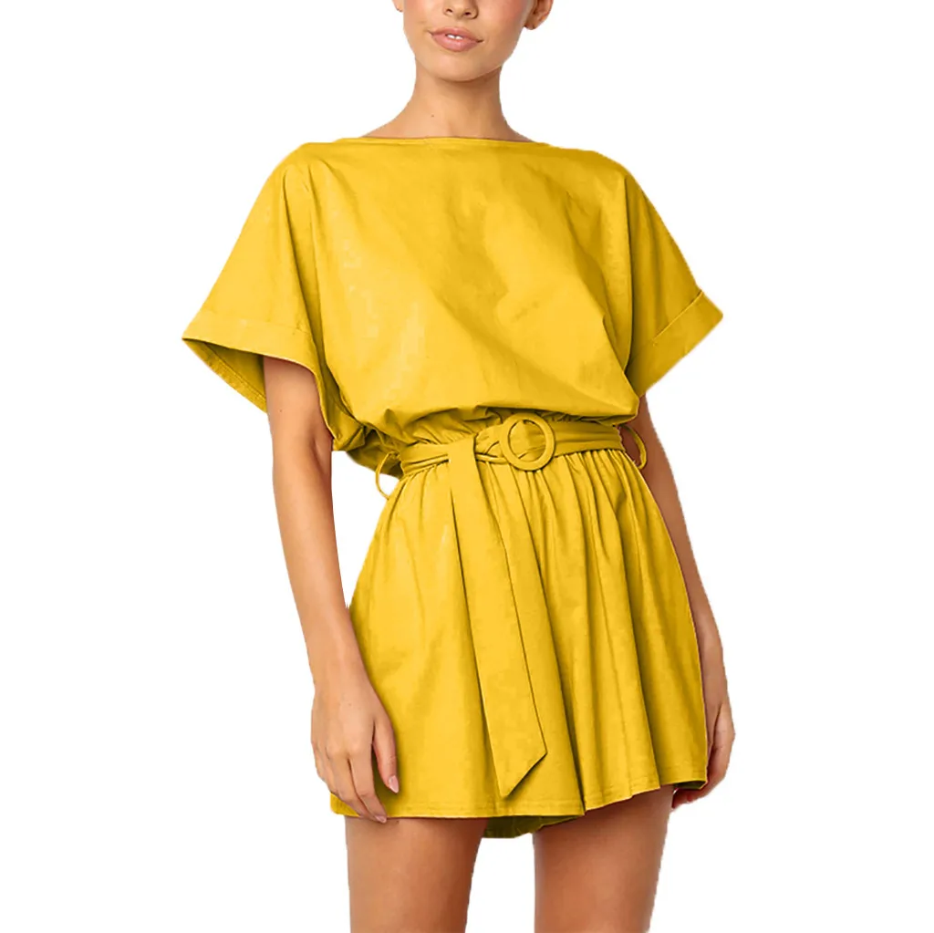 Для женщин сарафан с коротким рукавом комбинезон с круглой горловиной Высокая Талия одноцветное повседневные Костюмы пляжного стиля дамы капелька Свободный комбинезон#10 - Цвет: Yellow