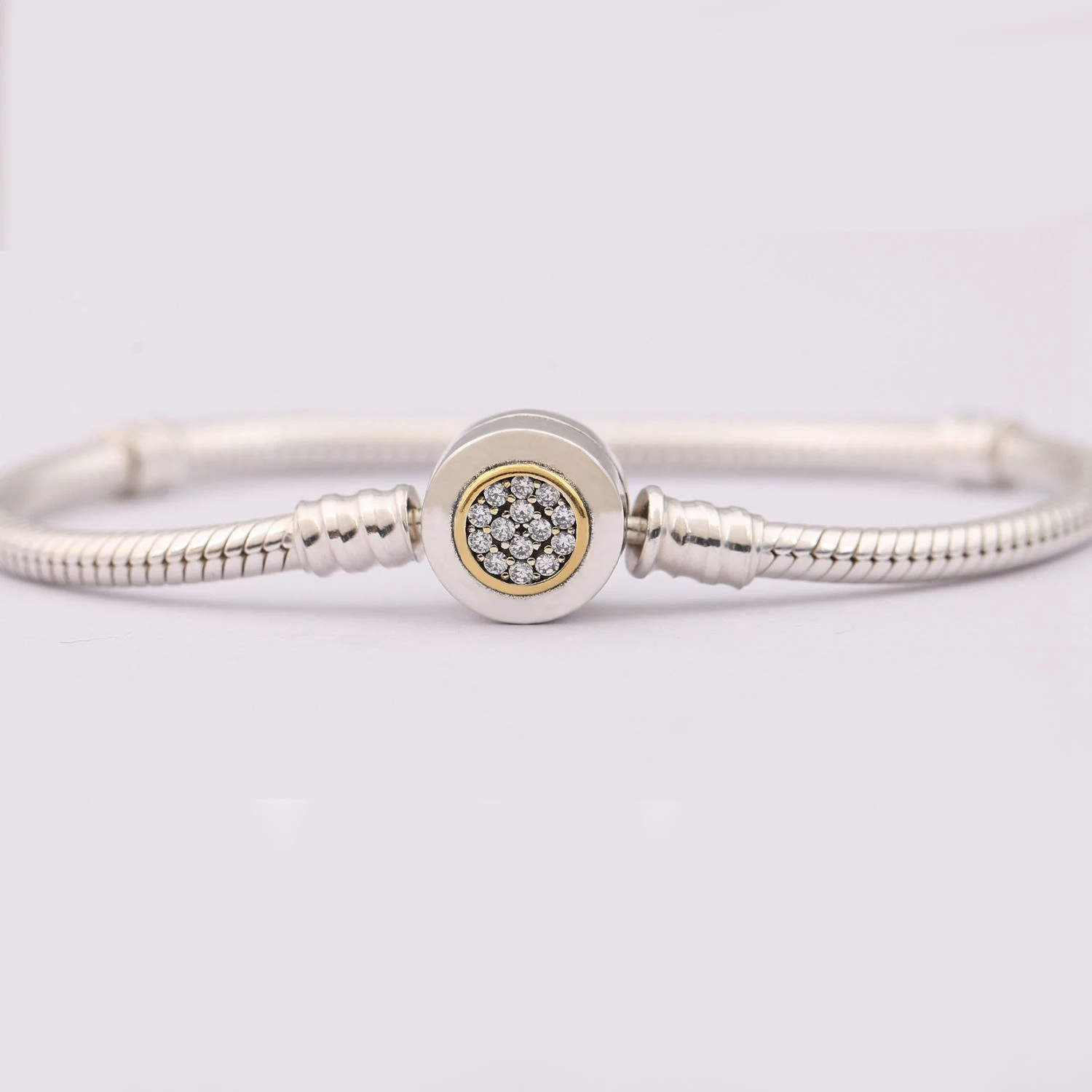 

925 Sterling Silver Original Moments Two Tone Signature Clasp Pandora Bracelet Clear CZ Fit Women Bead Charm Bangle DIY Jewelry