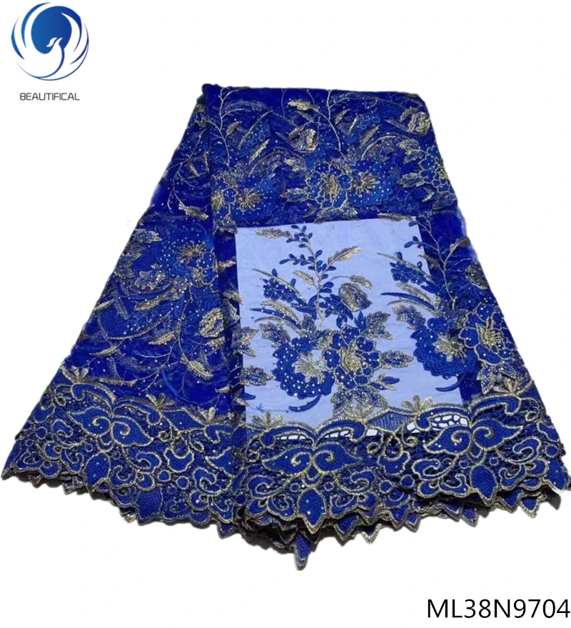 

Beautifical blue french lace fabric with rhinestones 2019 high quality tulle net lace fabrics for women dress 5yards/lot ML38N97