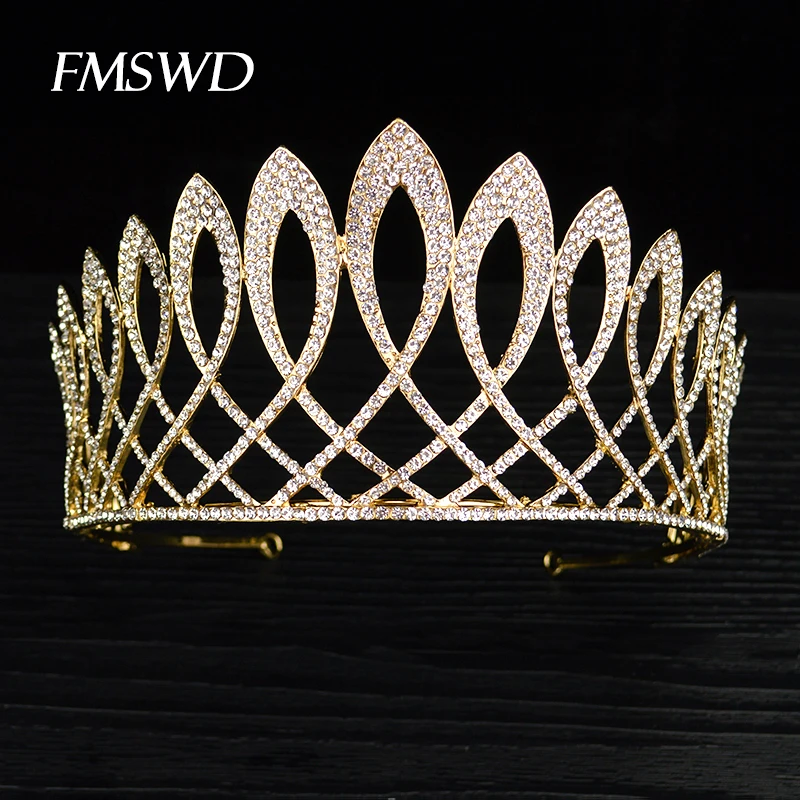 

New Vintage Gold Color Luxury Baroque Crown Rhinestone Crystal Queen Tiara Big Crown For Bridal Wedding Hair Jewelry Accessories
