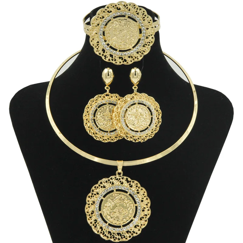 Fashion Dubai Women Jewelry Gold Coin Design African Bridal Jewelry Set Gold Crystal Necklaces Bracelets Christmas Jewelry