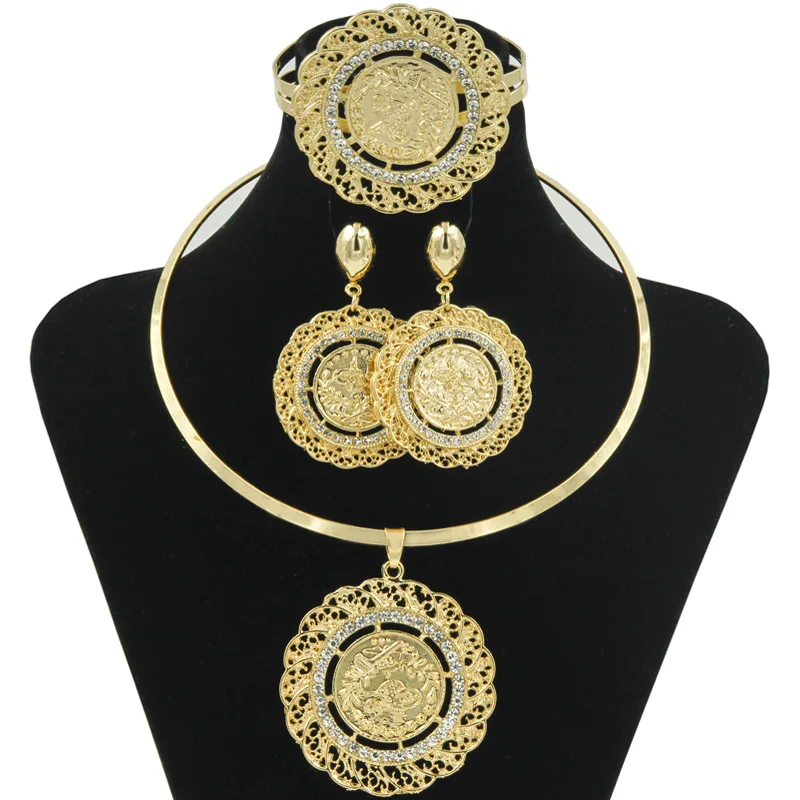 2017 Fashion Dubai Women Jewelry Gold Coin Design African Bridal Set Crystal Necklaces Bracelets Christmas | Украшения и