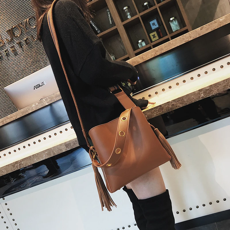 Janespri Women Tassel Handbag Tote High Quality Women Shoulder Bag Luxury Brand Soft Leather Bucket Bag Fashion Women's Handbag (44)