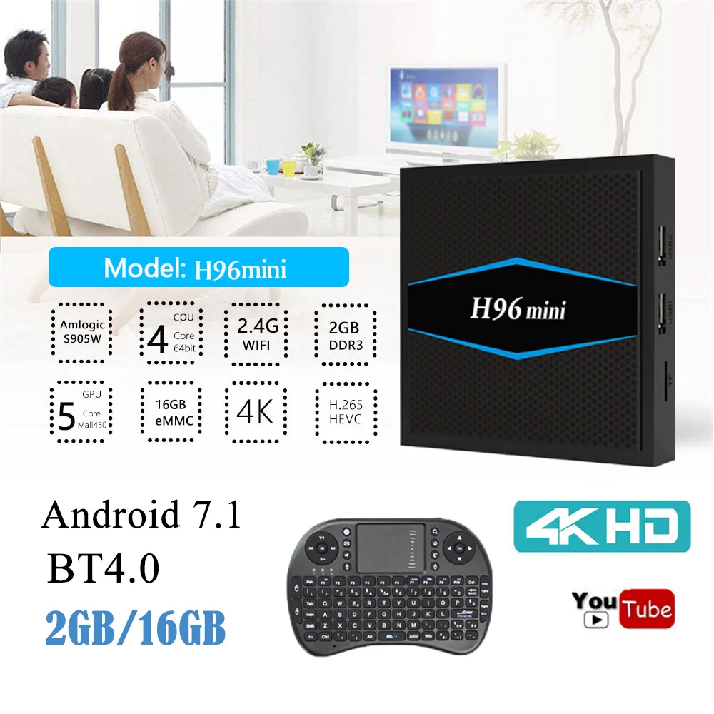 

H96mini Android 7.1 TV Box Amlogic S905W Quad Core 2GB DDR3 16GB HD 4K 2.4G/5G WiFi BT4.0 HDR10 VR9 Smart TV Box Media Player