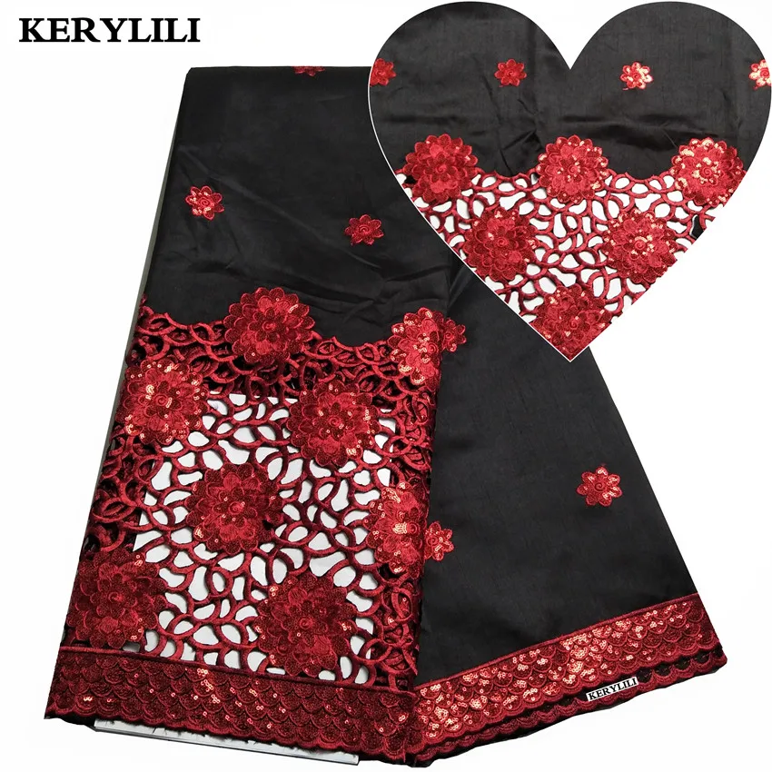 

Black&Red Nigerian Lace Fabric African George Lace Fabric Latest Silk Material Cotton Sequins Lace Fabric Bridal Dress KRL-9178
