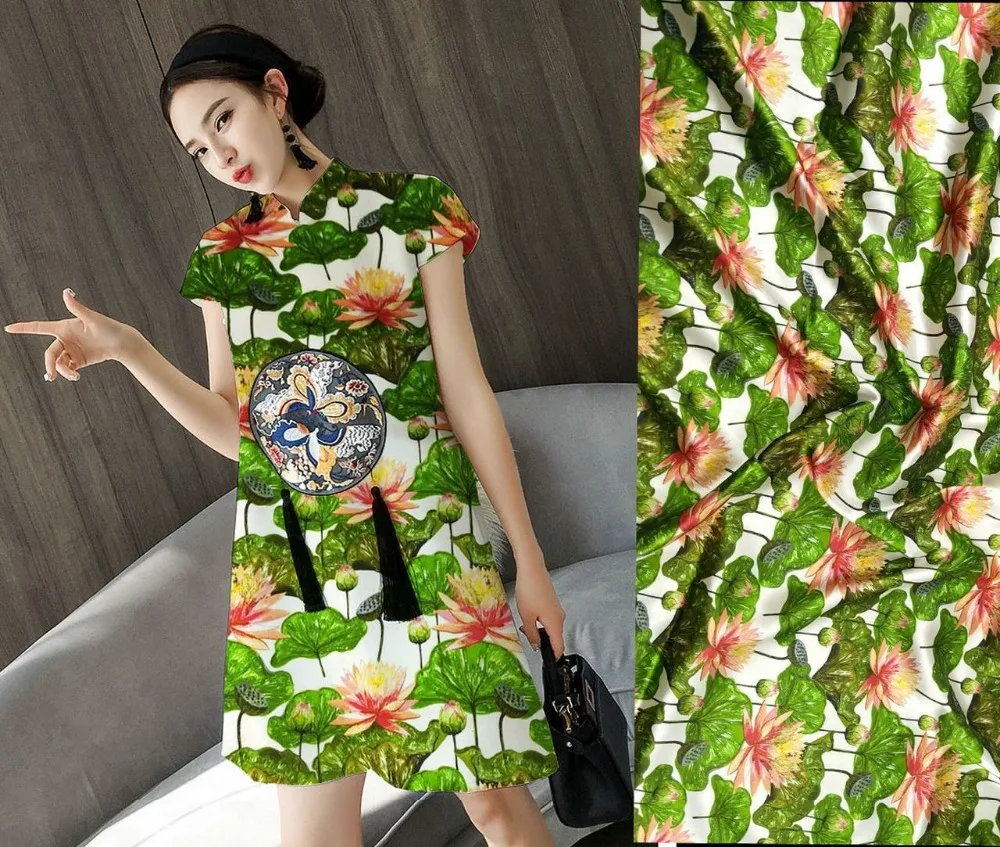 Discount New fashion super fashion designs Pink Lotus leaf flowers print fabric blouse dress silk satin fabric by the textile