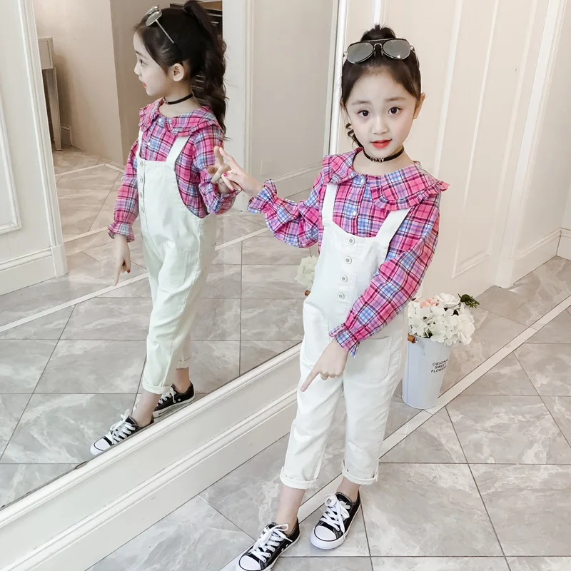 

2019 Girls Spring/summer Plaid Shirt + Strap Pants Two-piece Set