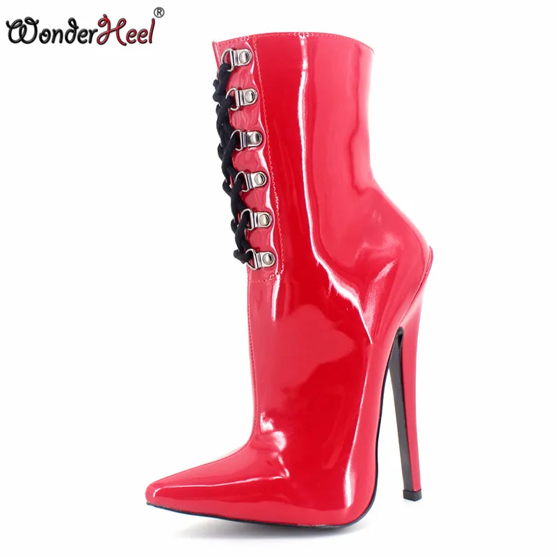 Wonderheel/популярные ботильоны на очень высоком каблуке 18 см на высоких каблуках для ролевых игр модные пикантные красные лакированные ботинки с острым носком на шнуровке