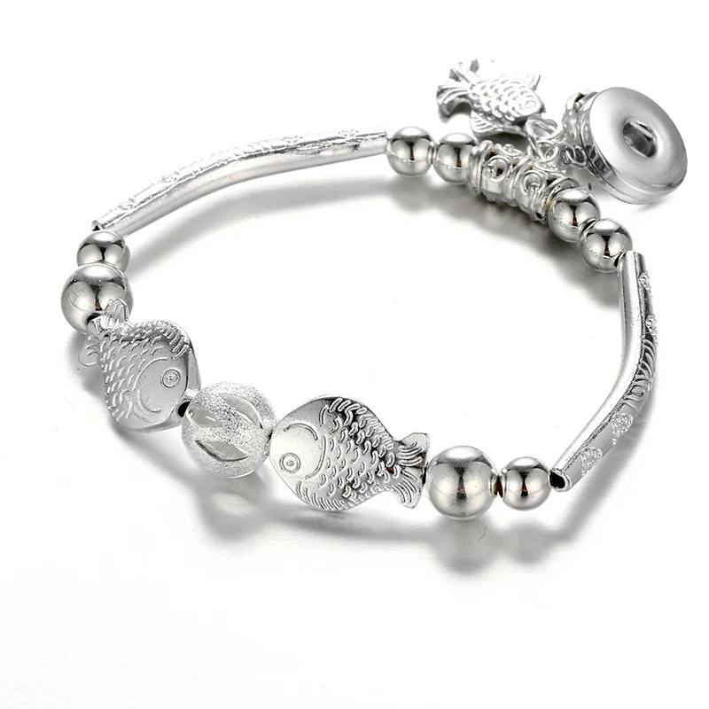 AB0072 Beauty Silver plated Fish Beads snap bracelet Elastic Fit 18mm buttons DIY jewelry charm wholesale | Украшения и