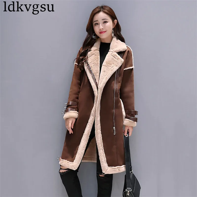 

2018 New Women Suede Leather Coats Long Zipper Parka Female Winter Jackets Ladies Faux Sheepskin Windbreakers Overcoat A1589