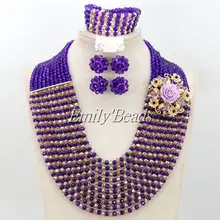 Фиолетовый микс золотые бусы из кристаллов из Нигерии ожерелье ювелирный набор Африканский Свадебный ювелирный набор Горячая AMJ538