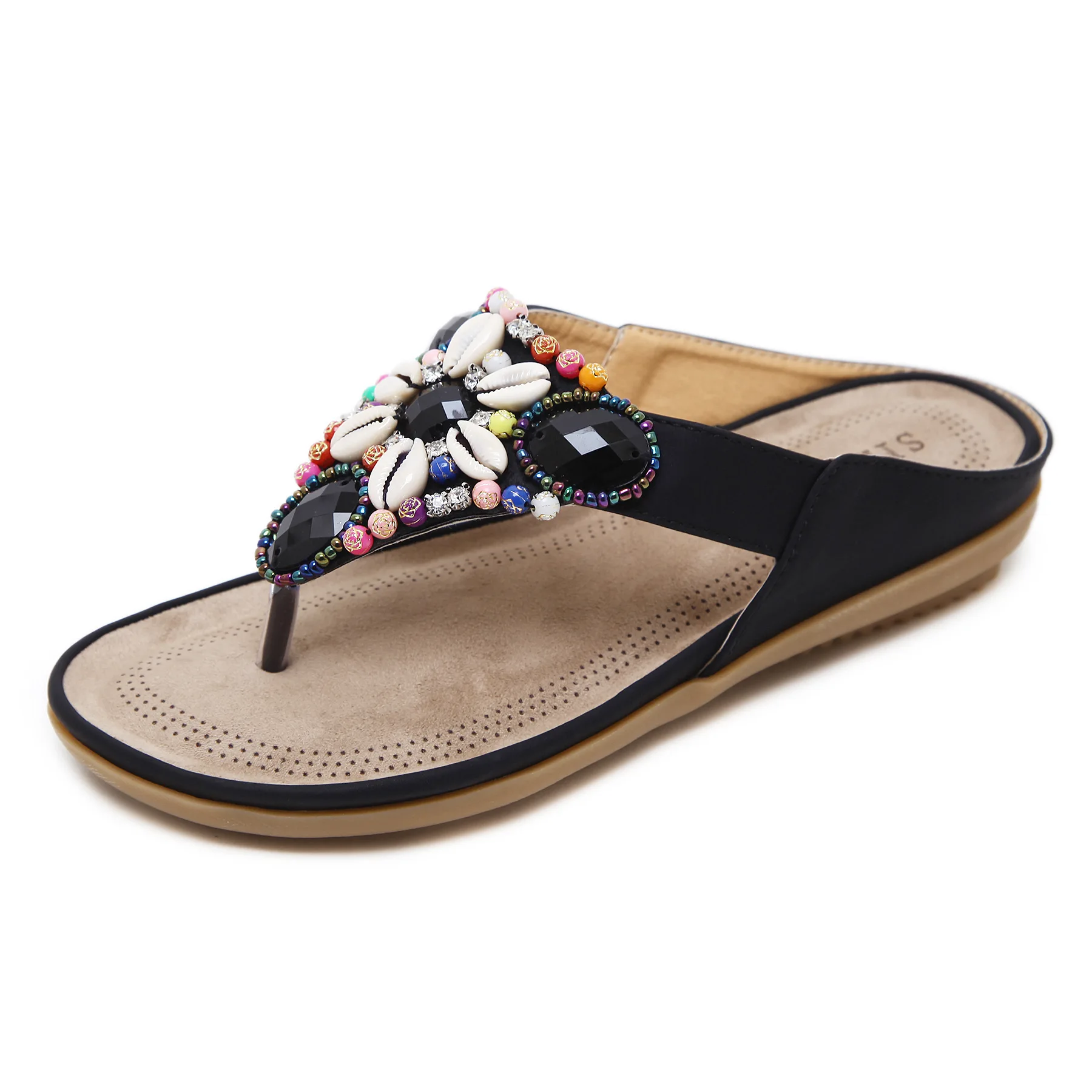 2019 Summer New Women's Sandals Bohemian Shell Decoration Beaded Design Large Size Flat Casual Slippers Retro Style 2019 Summer New Women's Sandals Bohemian Shell Decoration Beaded Design Large Size Flat Casual Slippers Retro Style