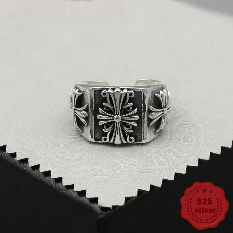 

925 sterling silver ring personality retro fashion cross flower letter domineering open rock hip-hop accessories jewelry sale