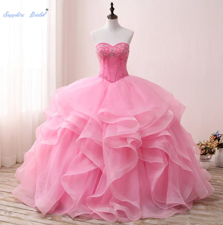 Сапфир Свадебный розовый оборками Бисер длинное бальное платье Vestido Para 15 Anos Любимое Пышное платья вечернее платье вечерние платье