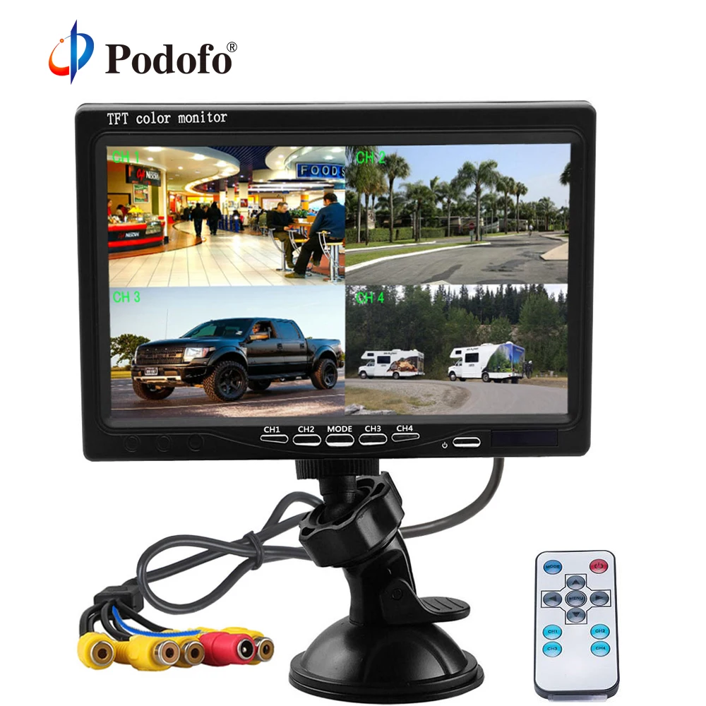 

Podofo 7 Inch Split Screen Quad Monitor 4CH Video Input Windshield Style Parking Dashboard for Car Rear View Camera Car-styling