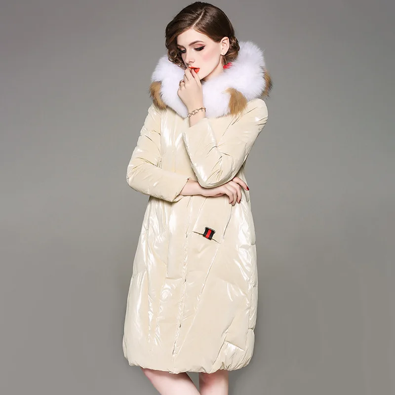 Блестящее женское пуховое пальто, зимняя модная куртка для девочек, большой меховой воротник, с капюшоном, водонепроницаемый топ, утепленное Женское пальто, синий, бежевый - Цвет: BEIGE