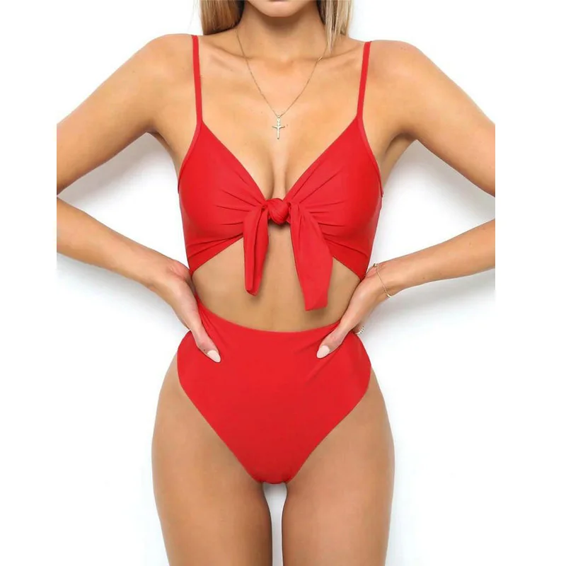 

NuoJin Sexy Red Bodysuit Women Bow Strap Hollow Out Rompers Women Jumpsuit Deep v neck summer bohemia print female Bodysuits