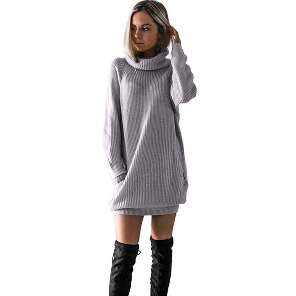 

Factory direct no profit Gray fashion winter women's knit dress roll collar jumper dress ladies size suitable