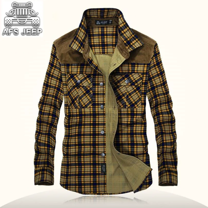 

Autumn Men Shirts Thick Warm Windbreaker Casual Plaid AFS JEEP Cargo Army Military Long Sleeve Classic Style European American
