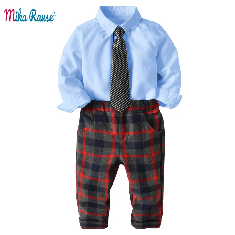 

New Spring Children's clothes set solid boys shirts plush pants plaid trousers kids dress baby birthday gifts boy clothing 2-7Y