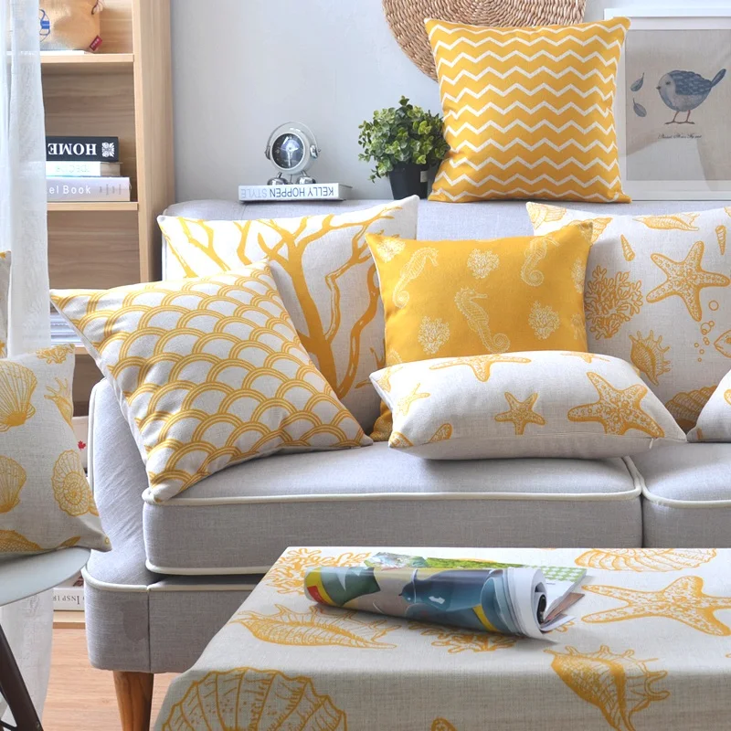 Us 5 4 10 Off Yellow Starfish Sea Horse S Palm Tree Anchors Decorative Linen Throw Pillow Cover For Sofa Decoration Car Cushion Covers 18 In