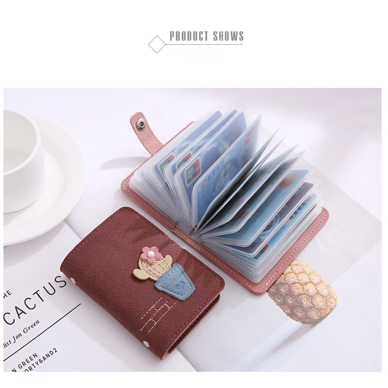 Cute Cactus Function 24 Bits Card Holder Case Bag New Top Matte Leather Women Girl Business Credit ID Passport Cover Card Wallet