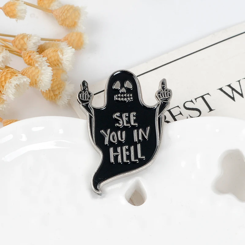 

Punk Ghost Lapel Enamel Pin See You In Hell black skull Brooches Vertical middle finger Badge Empty eyes Jewelry Gaze from abyss