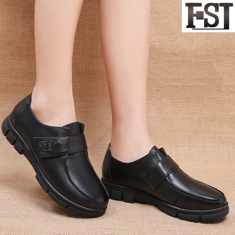 

FSJ Genuine Leather Ladies Cow Leather Solid Round Toe Rubber Hook & Loop Spring/Autumn Metal Decoration Unique Fashion Mature