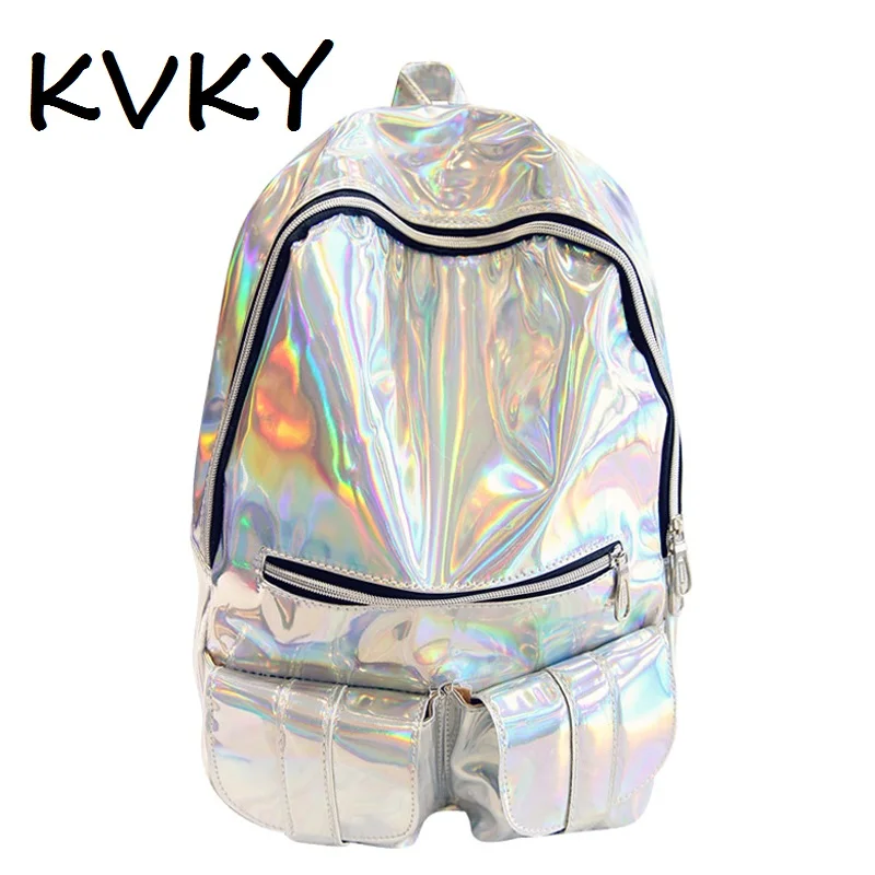 Mochila Masculina backpack Women Silver Hologram Laser Back pack men s Bag leather Holographic Backpack