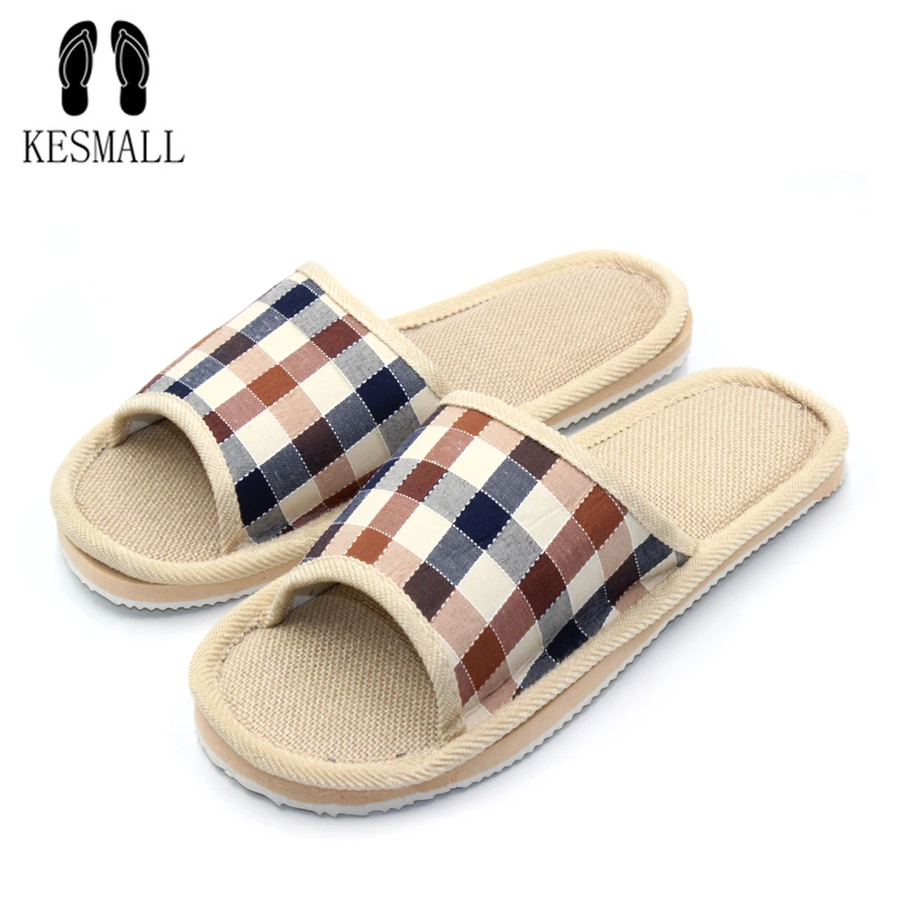 

KESMALL 2017 Home To Fight Cross-Color Linen Slippers Spring Canvas Flax Slippers High quality Large size Men Indoor Slippers
