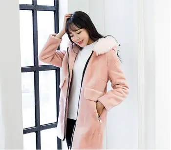 

2017 new sheep sheared fur coat female long paragraph fox fur collar wool coat hooded fashion temperament