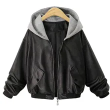 Hitmebox Осень Зима Новая женская черная куртка из искусственной кожи Повседневная Свободная Лоскутная куртка с капюшоном Большие размеры толстовки пальто Верхняя одежда