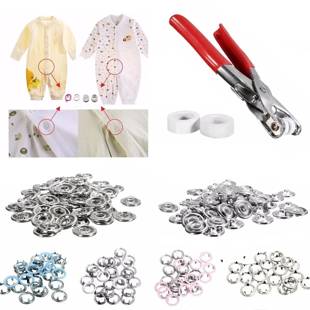1pc Plier Tool+200pcs 9.5mm Metal Prong Snap Buttons Mayitr Fasteners Press Studs Popper Baby Romper Buckle Snap+2pcs Rubber