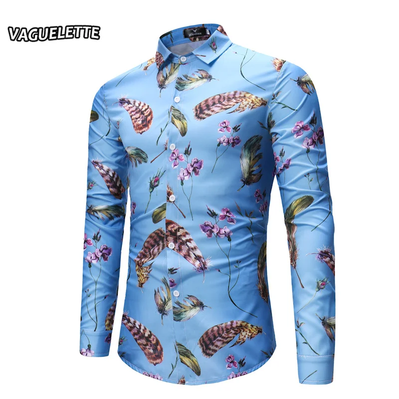 Fashion Feather Pattern Shirts For Men Casual Slim Fit Men Shirt Long