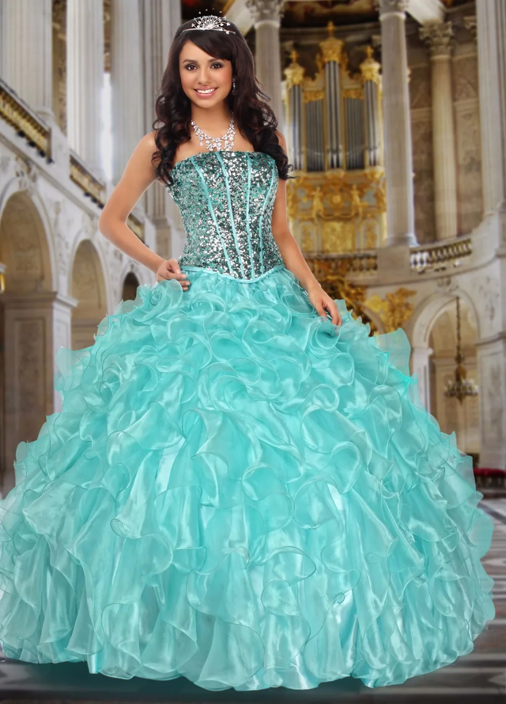 Mint Ball Gown Princess Puffy Cheap Quinceaneara Dresses 2017 Ruffles
